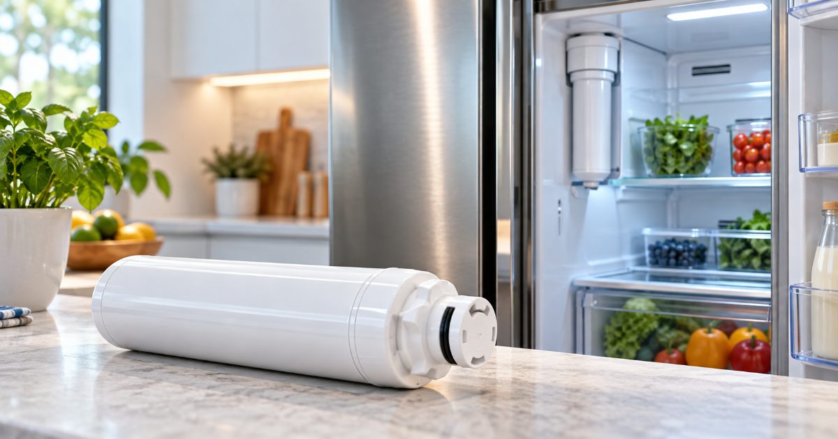 A white cylindrical refrigerator water filter cartridge with a twist-lock top lying on a stone counter in front of an open refrigerator with its filter housing in the upper corner
