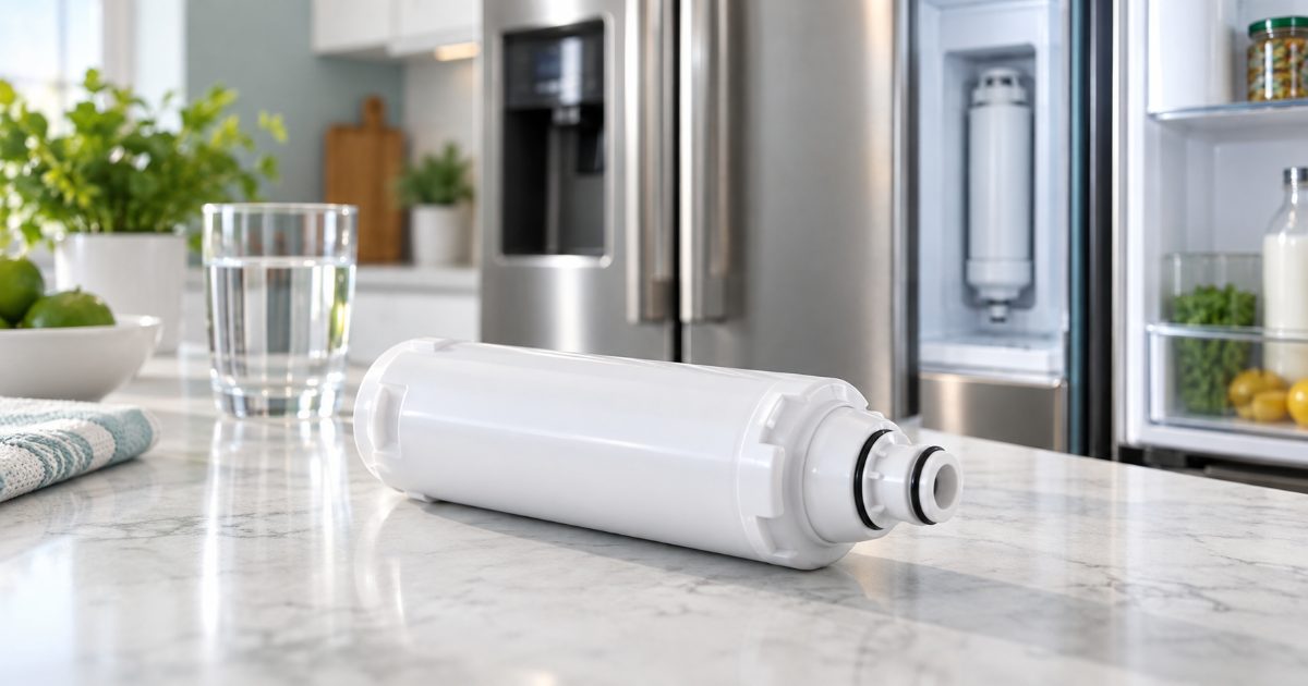 A twist-in refrigerator water filter cartridge held beside an open fridge door in a bright kitchen, with a glass of water on the counter