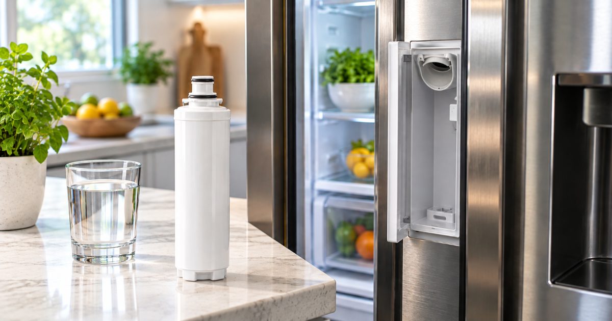 A twist-in refrigerator water filter cartridge held beside an open fridge door in a bright kitchen, with a glass of water on the counter
