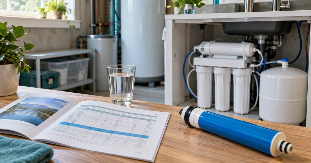 A utility room bench with a printed water quality report open at a lithium result, beside an under-sink reverse osmosis unit and its membrane housing