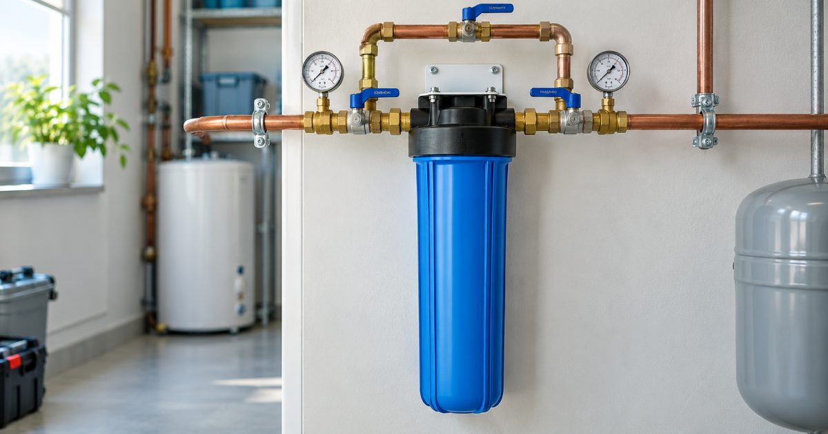 A blue 20 inch whole-house filter housing on copper pipe with a pressure gauge on each side and a three-valve bypass, mounted on the wall of a bright utility room