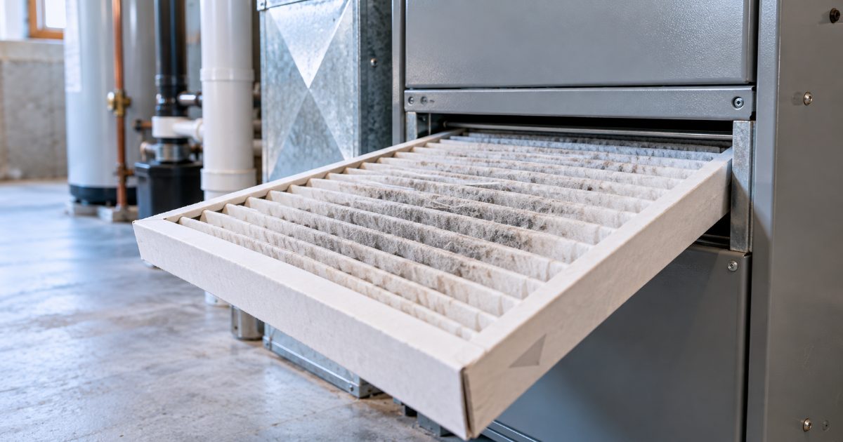 A dust-loaded pleated furnace filter half inserted into the return-air slot of a grey residential furnace in a basement utility room