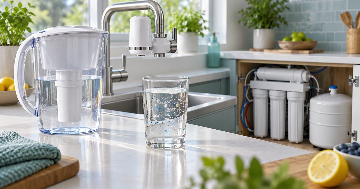 A water filter pitcher, a faucet-mount filter and an under-sink reverse osmosis unit lined up on the counter of a bright kitchen, with a filter performance data sheet beside them