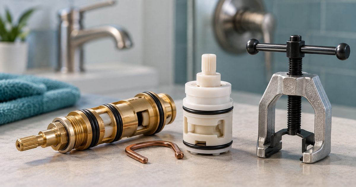 Two single-handle faucet cartridges side by side on a workbench, one long brass cartridge with a U-shaped copper retaining clip and one white plastic pressure-balance shower cartridge, next to a cartridge puller tool