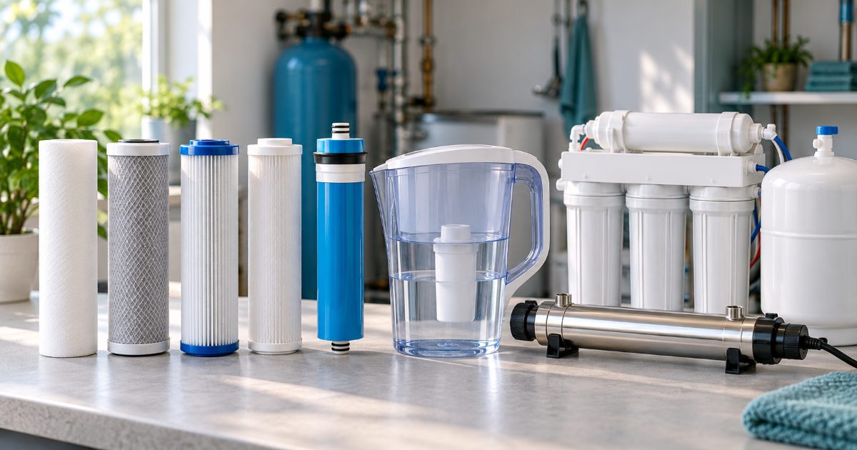 A row of unbranded water filter cartridges, a pitcher filter, a reverse osmosis membrane and a UV lamp laid out on the counter of a bright utility room next to a printed certification listing