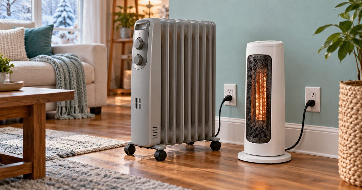 A grey oil-filled radiator heater on castors and a white ceramic tower heater side by side on a wood floor, each plugged into its own wall outlet, snow visible through the window
