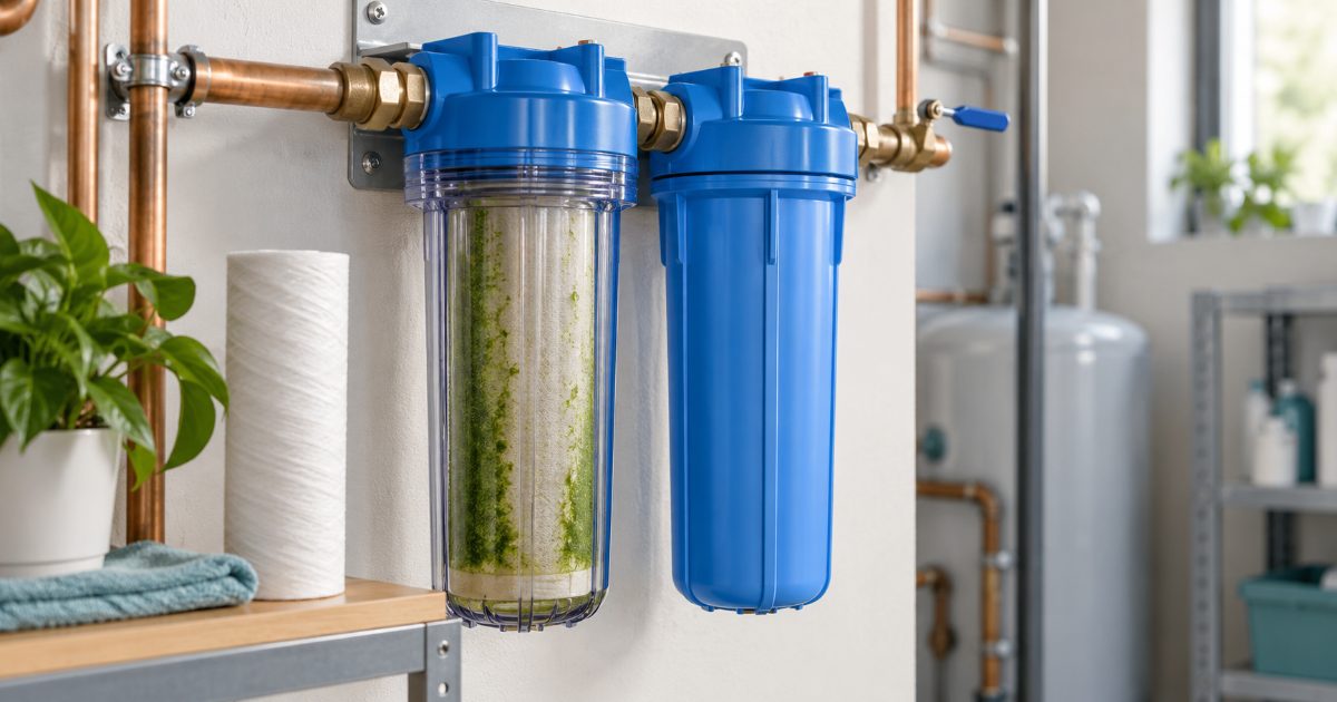 A clear whole-house sediment filter housing with green film inside it mounted next to an opaque blue housing on a wall bracket in a bright utility room, a new white cartridge on the shelf below