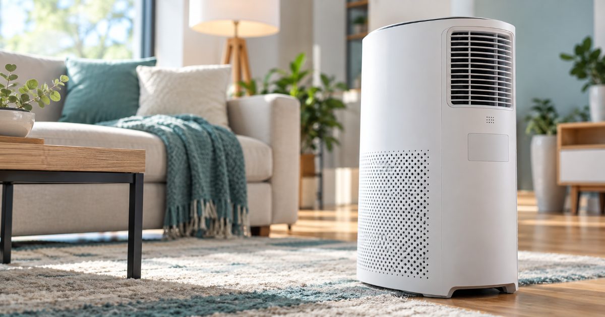 A white tower air purifier with a top outlet grille standing on a rug beside a sofa in a bright living room