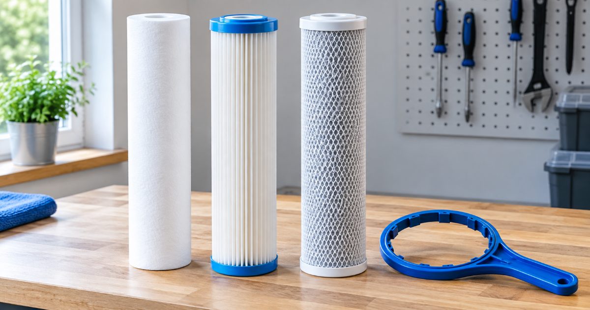 Water filter cartridges of different types displayed on a wooden surface in a utility room