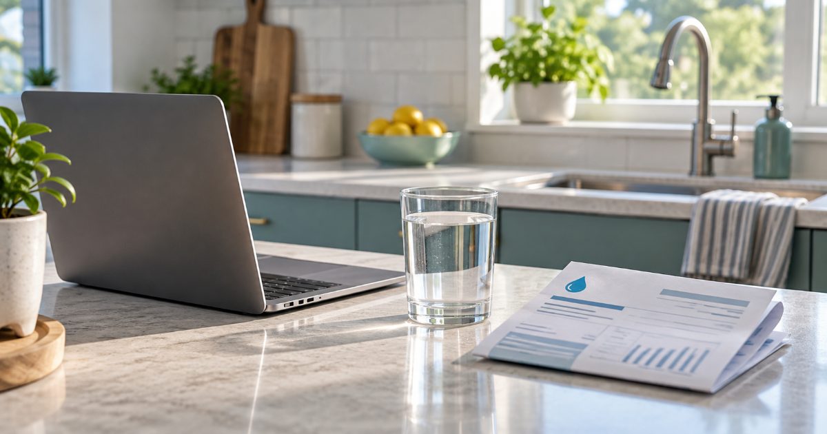 A laptop on a kitchen counter beside a glass of tap water and a folded water bill