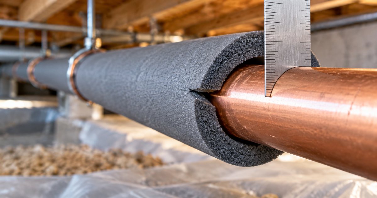 A grey foam pipe insulation sleeve split open around a bare copper pipe in a crawlspace, with a steel rule laid across the pipe showing its outside diameter