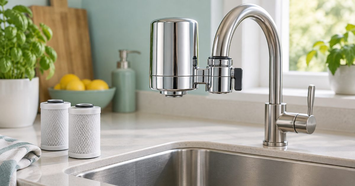 A chrome faucet-mount water filter clipped to a kitchen tap over a stainless sink in a bright kitchen, with two spare replacement cartridges on the counter, no brands visible.