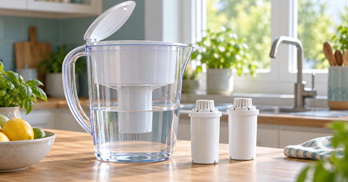 A clear water filter pitcher on a light wood kitchen counter in a bright kitchen, with two spare gravity filter cartridges beside it and a window behind, no brands visible.