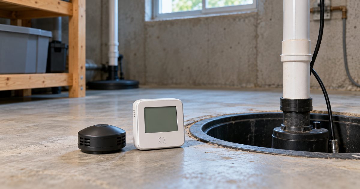 A round charcoal radon test canister and a small digital radon monitor standing on the concrete floor of an unfinished basement beside a sump pit and its white PVC pipe
