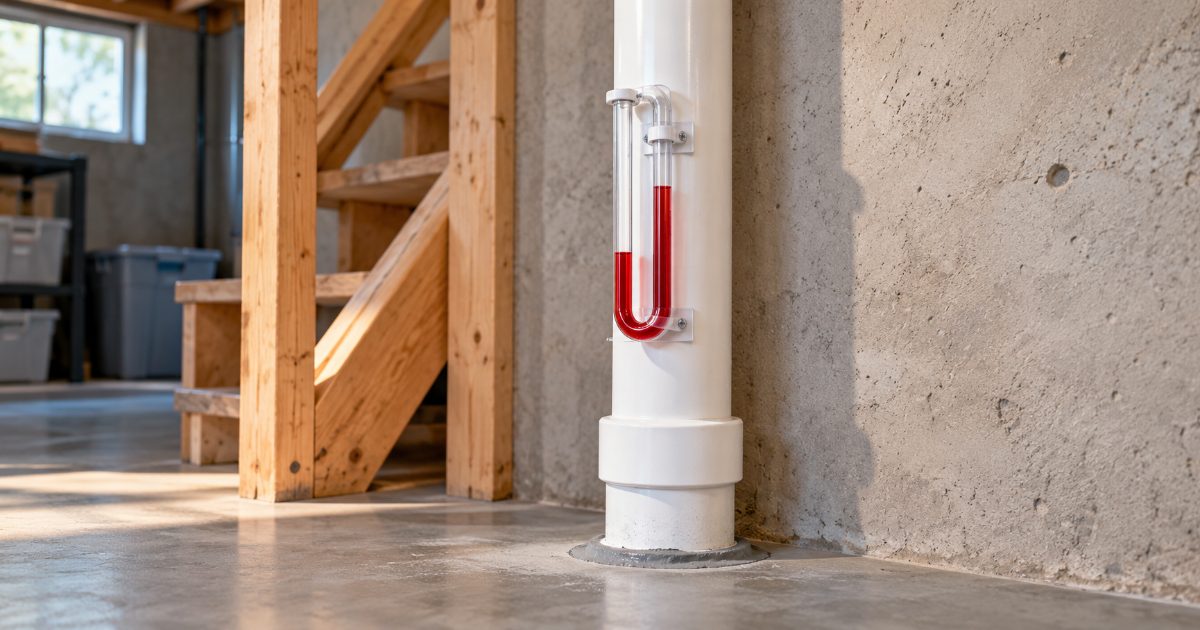 A U-tube manometer with red fluid at two uneven levels mounted on a white PVC radon vent pipe rising from a sealed concrete basement floor