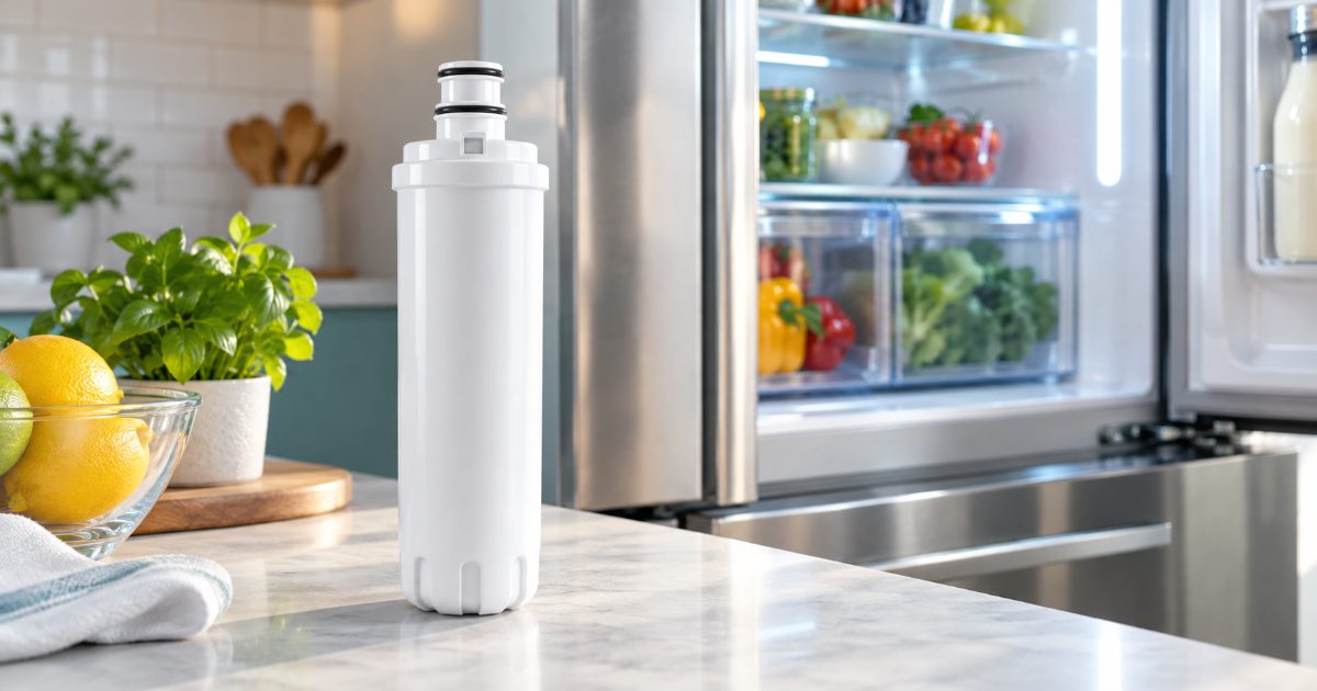 An open refrigerator door with the model and serial number sticker on the inside wall beside the crisper drawers, and a cylindrical water filter cartridge held in front of it