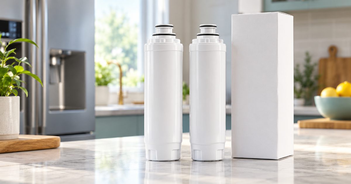 Two unlabelled white refrigerator water filter cartridges standing on a marble counter beside a plain white box, with a stainless refrigerator behind them