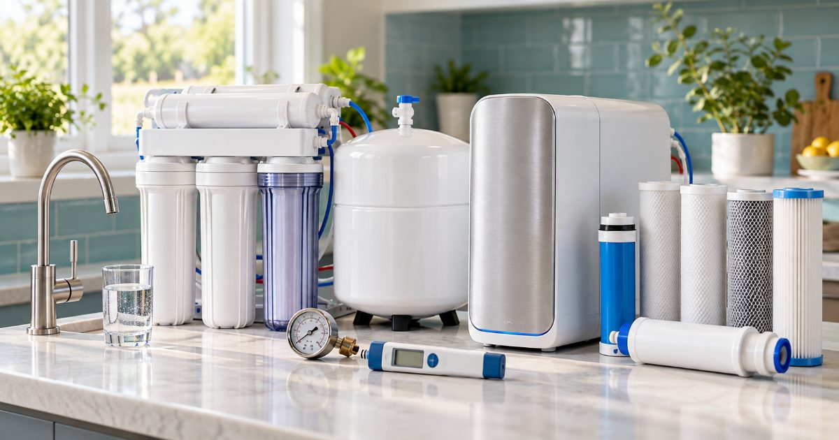 An under-sink reverse osmosis system with a storage tank and a tankless unit side by side on a kitchen counter, with a pressure gauge, a TDS meter and a stack of replacement filter cartridges laid out in front of them