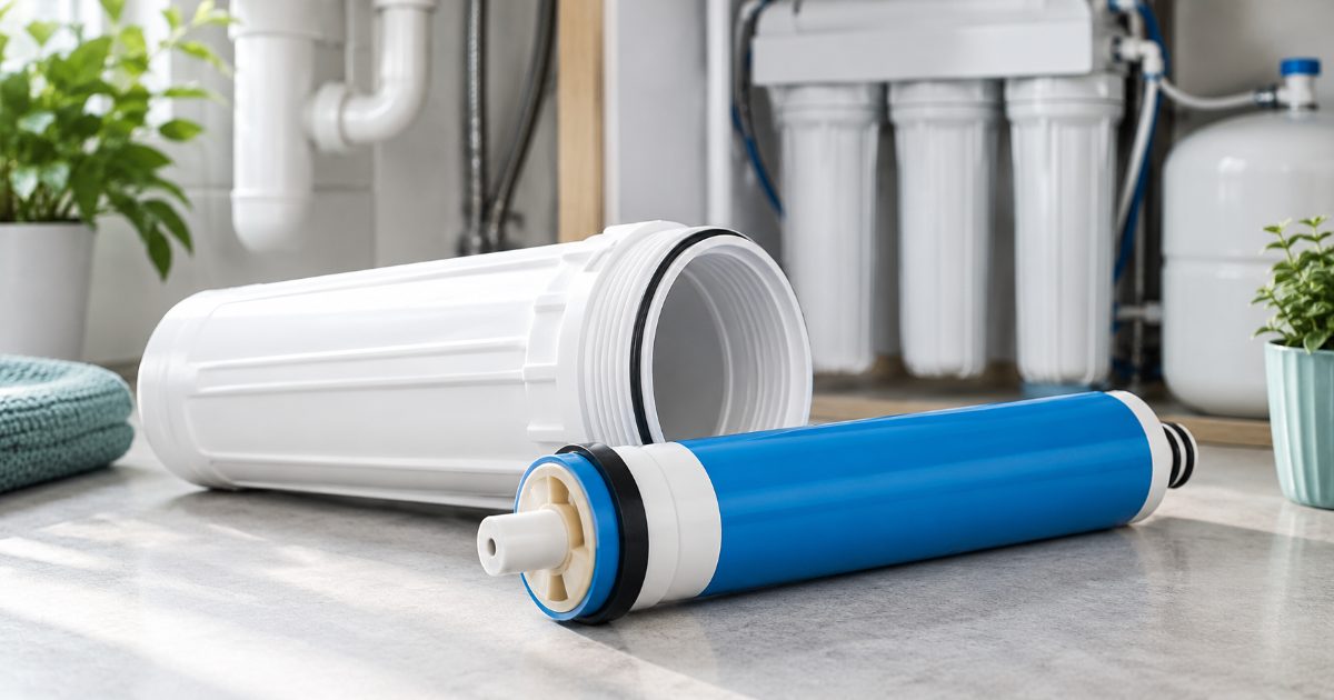 A slim reverse osmosis membrane element held beside its open white housing on a bright kitchen counter, no brand markings