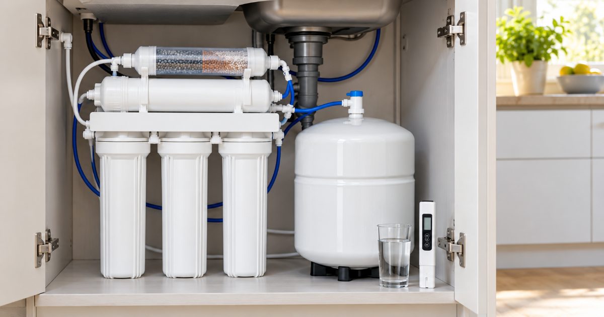 An under-sink reverse osmosis system with an inline remineralization cartridge, a storage tank and a handheld TDS meter on the counter of a bright kitchen