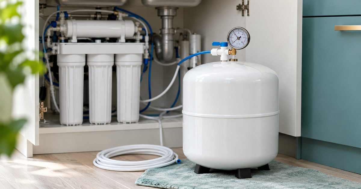 An under-sink reverse osmosis system with its storage tank pulled out onto the floor of a bright kitchen, a tire pressure gauge held against the tank's air valve and an inline pressure gauge on the feed line