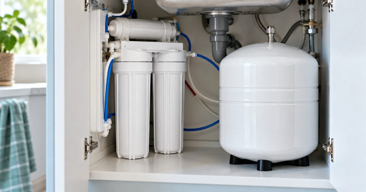 A white reverse osmosis storage tank standing under a bright kitchen sink beside the filter housings, with a tire pressure gauge on the counter