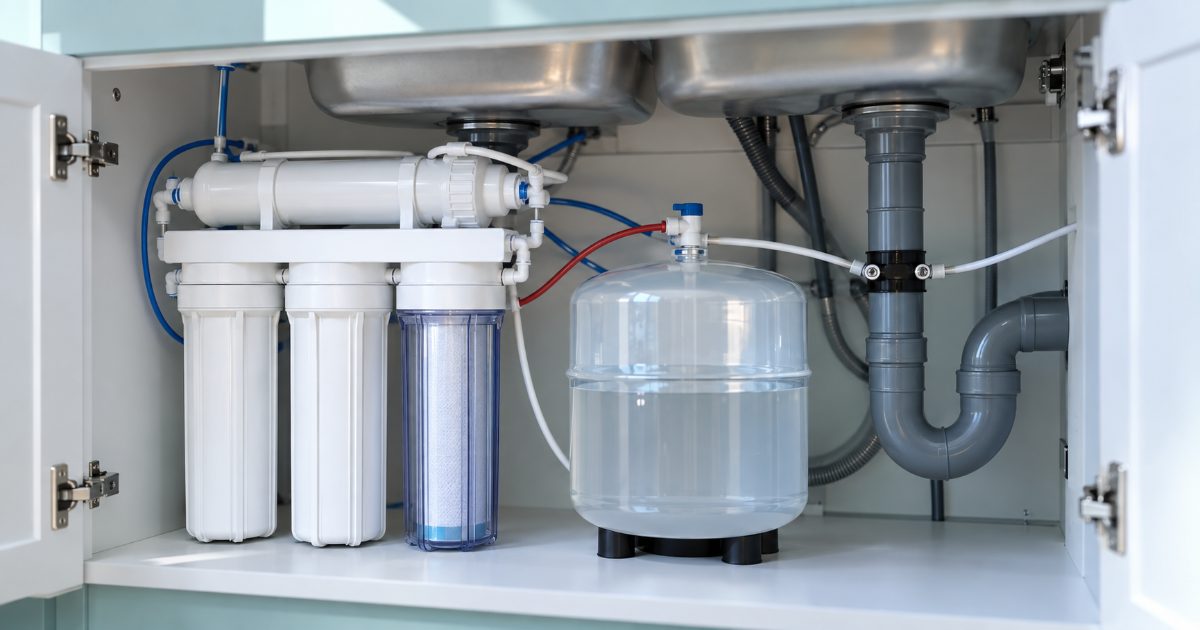 An under-sink reverse osmosis system with a storage tank, a permeate pump and a drain saddle on the waste pipe, inside a bright kitchen cabinet with the doors open