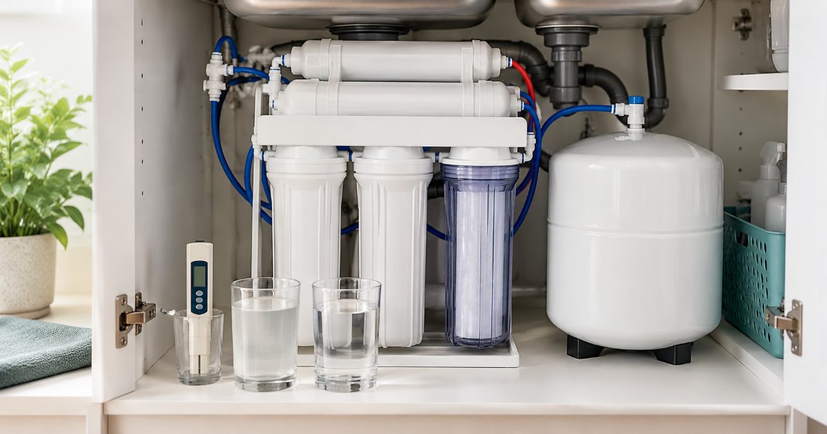 An under-sink reverse osmosis system with its storage tank and filter housings laid out on the floor of a bright kitchen, a handheld TDS meter and two glasses of water on the counter above