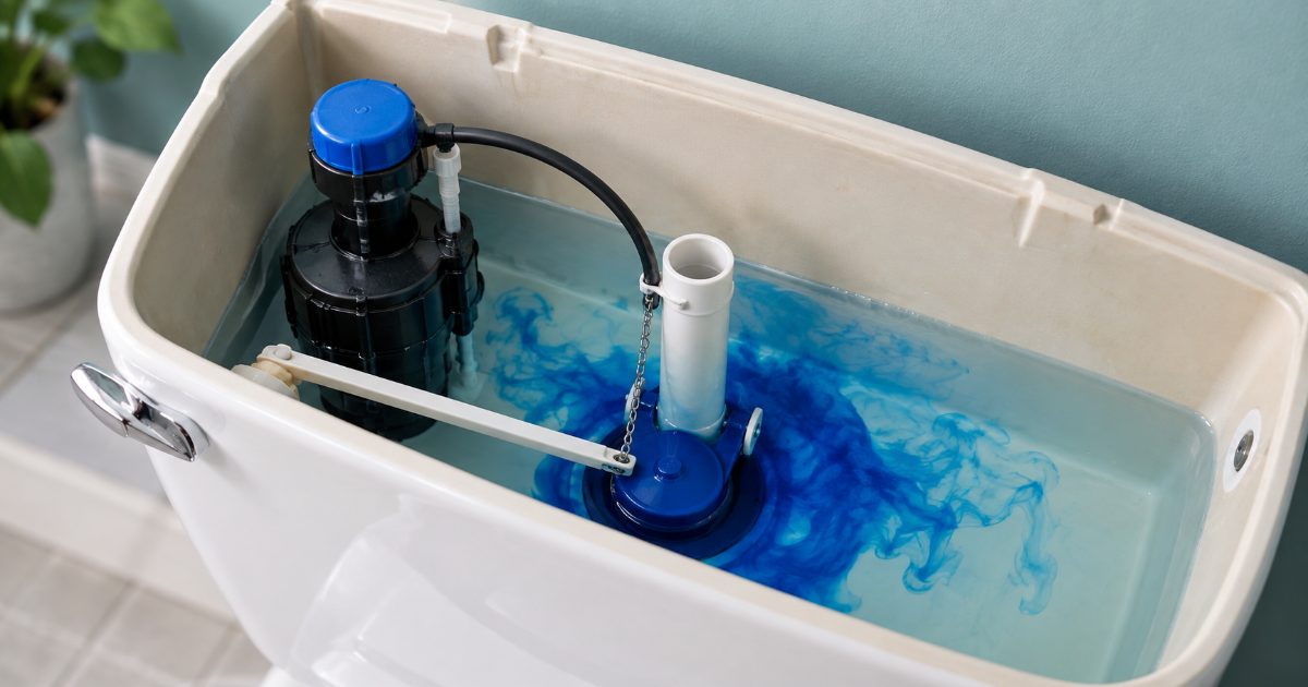 An open toilet tank seen from above, with blue food coloring spreading through the water around the flapper and the overflow tube standing in the middle