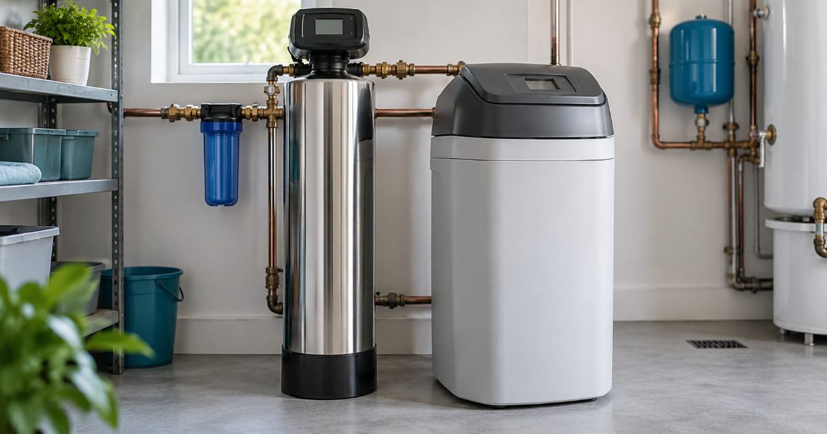 Salt-free water conditioner and water softener tanks displayed side by side in a utility room with bright daylight.