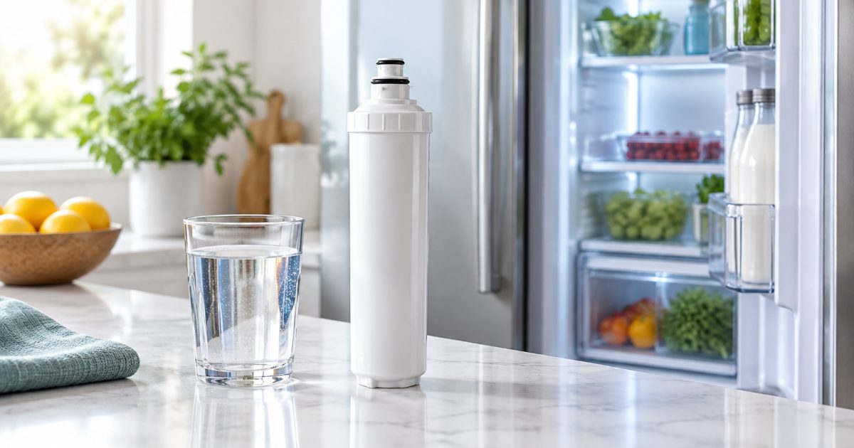 A cylindrical refrigerator water filter cartridge held beside the open filter slot of a French-door refrigerator in a bright kitchen