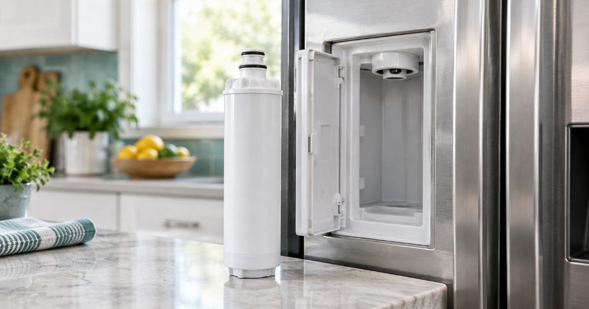 A cylindrical refrigerator water filter cartridge held beside the open filter slot of a side-by-side refrigerator in a bright white kitchen