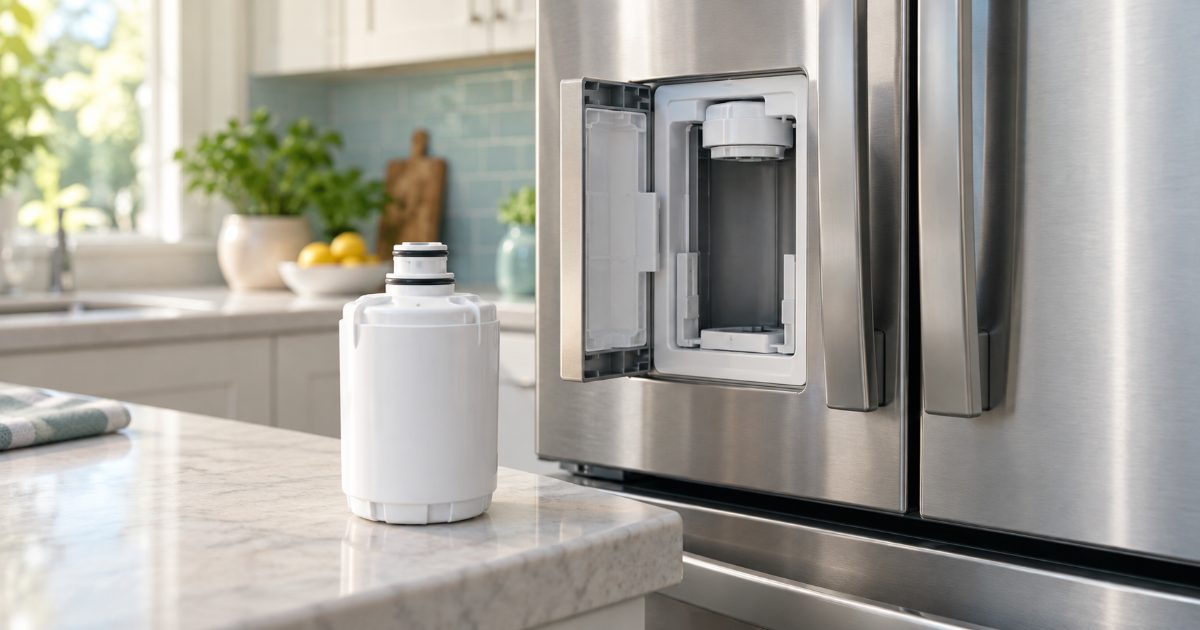 A short cylindrical refrigerator water filter cartridge held beside the open filter slot of a French-door refrigerator in a bright kitchen