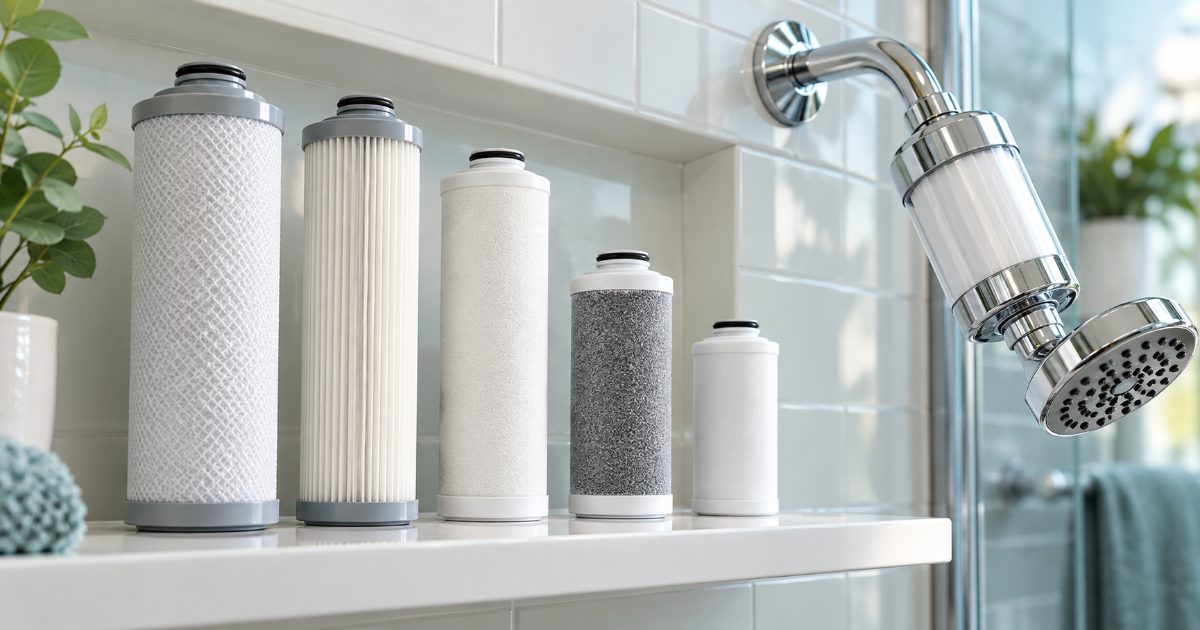 Five inline shower filter replacement cartridges of different lengths standing in a row on a white bathroom shelf beside a chrome shower arm