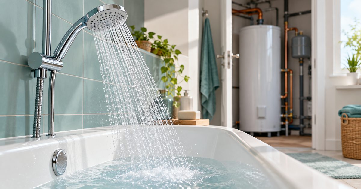 A chrome shower head running a full spray into a white tub, with a tank water heater visible through an open utility-room door behind it