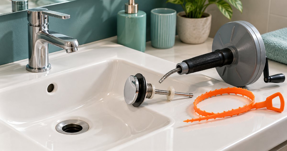 A bathroom sink with its pop-up stopper pulled out and laid on the counter beside a coiled hand drum auger and a barbed plastic drain strip