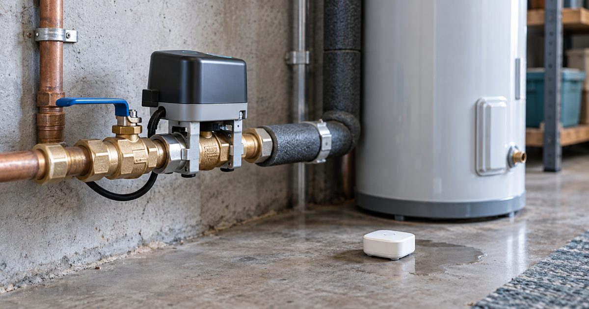 A basement water main with a brass shutoff valve, a motorised smart shutoff device clamped into the line, and a small white leak sensor sitting on the concrete floor beside the water heater.