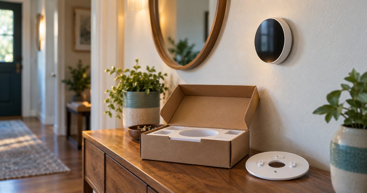 A round smart thermostat on a hallway wall above a console table holding an open cardboard box and the thermostat's spare wall plate