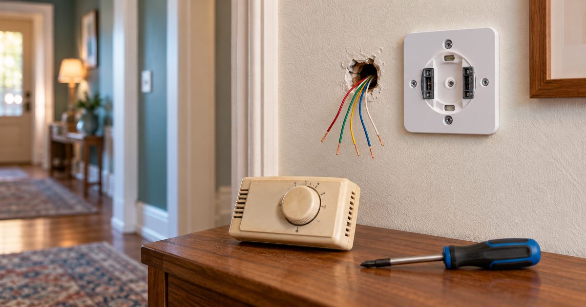 An old beige dial thermostat lying on a hallway table, five thin coloured low-voltage wires coming out of the wall beside a new square smart thermostat base plate, and a screwdriver