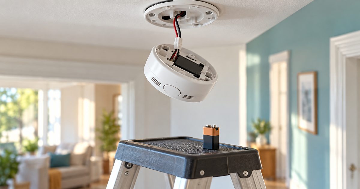 A round white smoke alarm hanging open from its ceiling bracket by its wiring harness, with a 9-volt battery standing on the ladder step below it