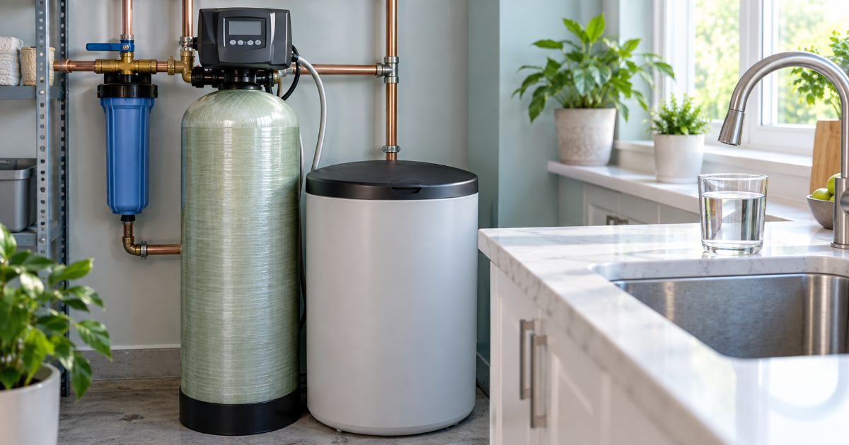 Water softener tank and brine tank beside a kitchen sink with a filled drinking glass on the counter in a bright utility room.