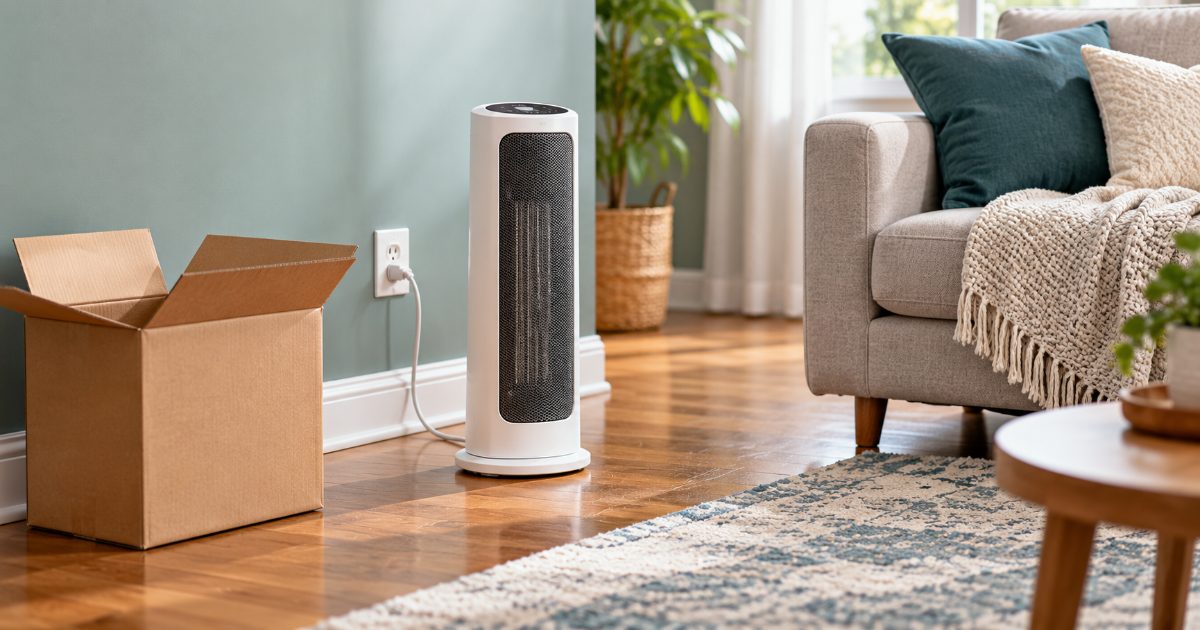 A white ceramic tower space heater standing on a hardwood floor near a sofa, its cord plugged straight into a wall outlet, with an open cardboard box beside it