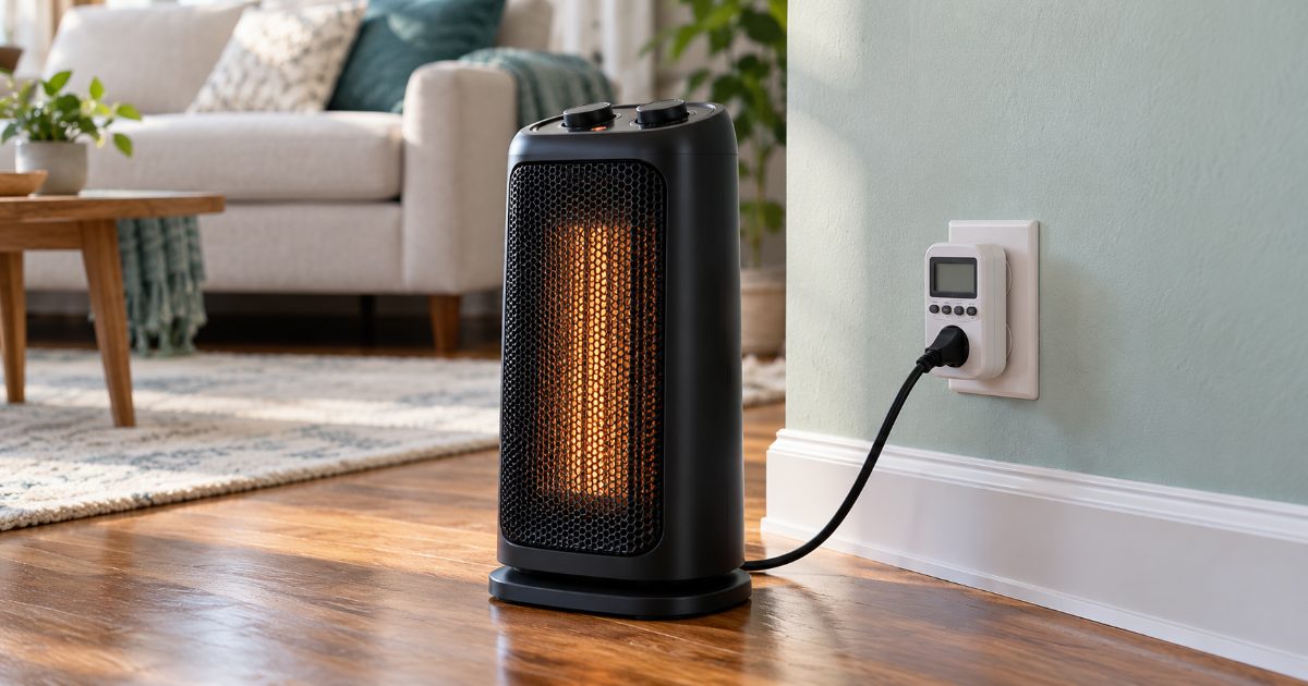 A black ceramic space heater on a hardwood floor in front of a plug-in electricity usage meter in a wall outlet