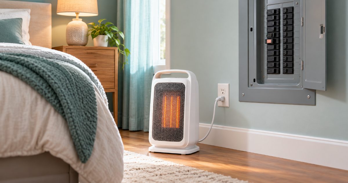 A white ceramic space heater plugged directly into a bedroom wall outlet, with an open grey residential breaker panel on the wall beside it