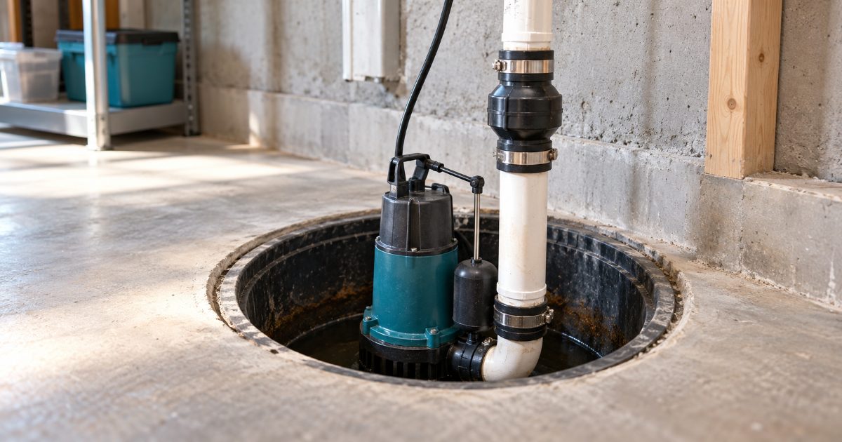 A submersible sump pump in an open basement pit with its vertical float on a rod and a white PVC discharge pipe rising through a check valve with clamped rubber couplings