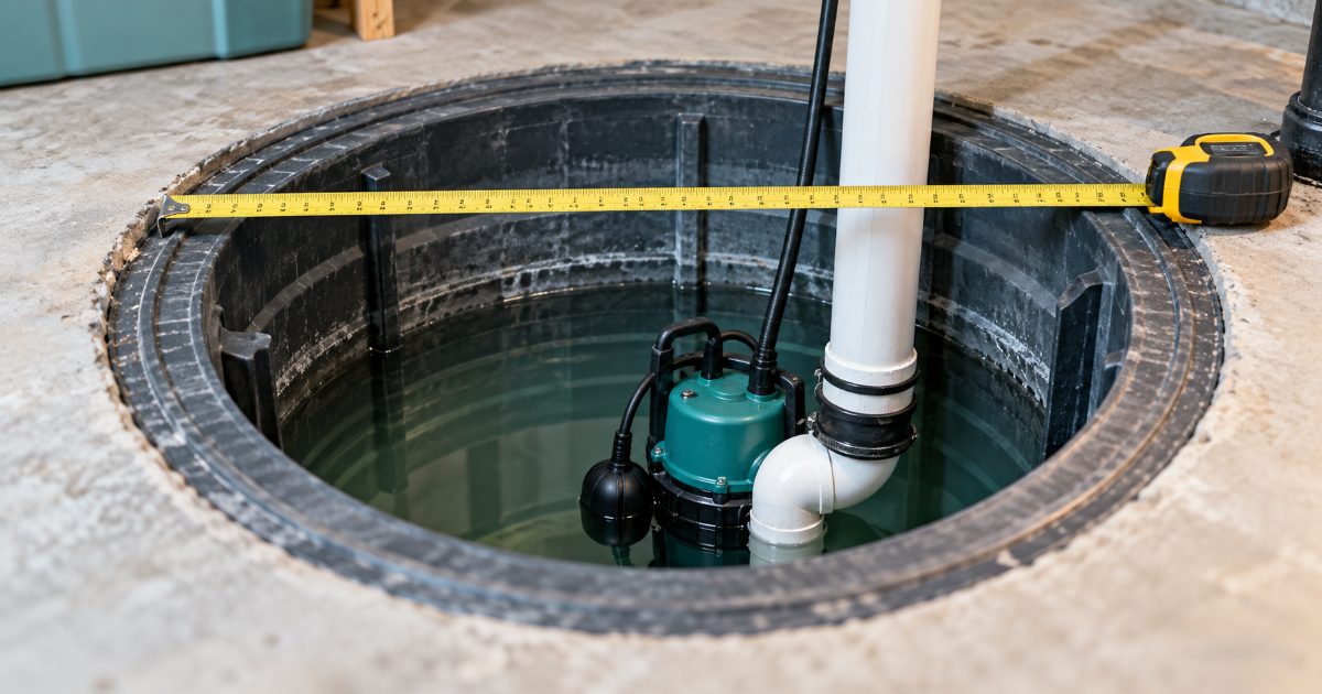 A tape measure held across the open top of a round sump basin in a basement floor, with the water line marked on the basin wall and a submersible pump and 1.5 inch PVC discharge pipe visible below