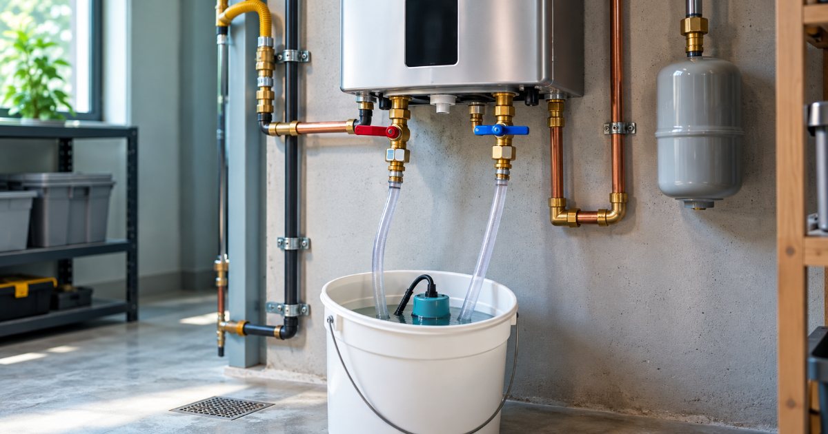 A wall-mounted gas tankless water heater with red and blue isolation service valves below it, two flush hoses running down into a white bucket holding a small submersible pump