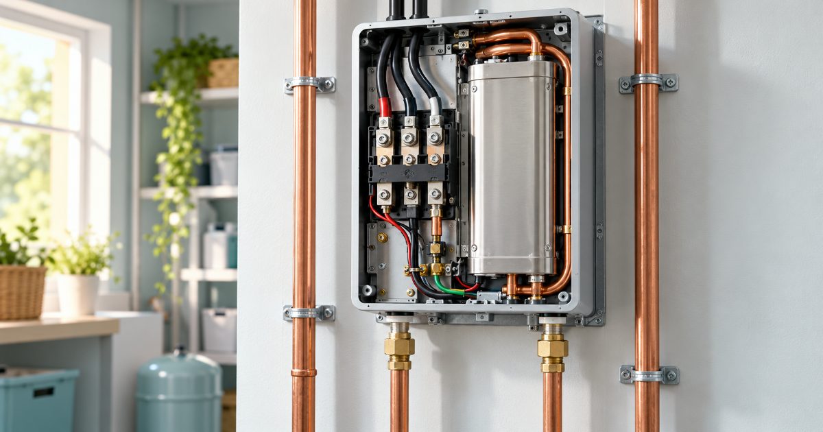 A wall-mounted electric tankless water heater with its cover off, heavy copper conductors landing on the terminal block, fitted between copper hot and cold pipes in a bright utility room