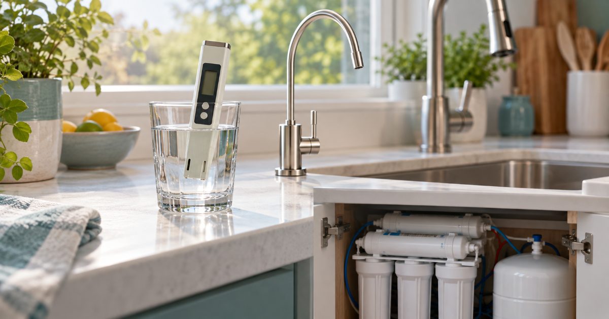 A handheld TDS meter dipped in a glass of tap water beside an under-sink reverse osmosis faucet on the counter of a bright kitchen
