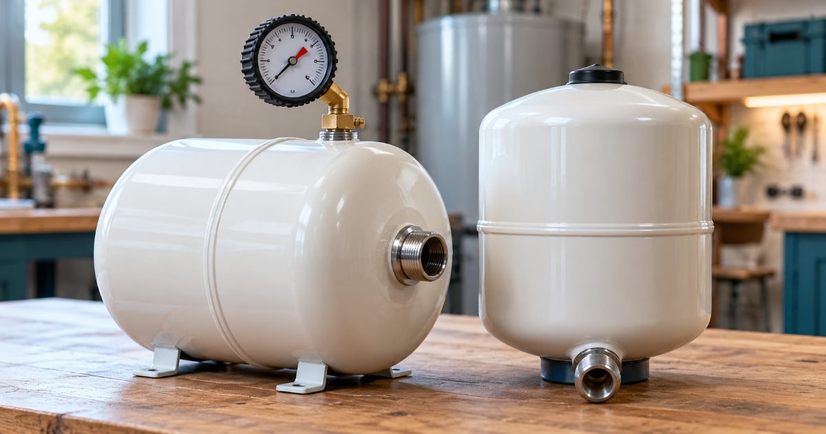 Two small potable thermal expansion tanks of different shapes side by side on a workbench, with a tire pressure gauge on one tank air valve and the threaded 3/4 inch connection facing the camera